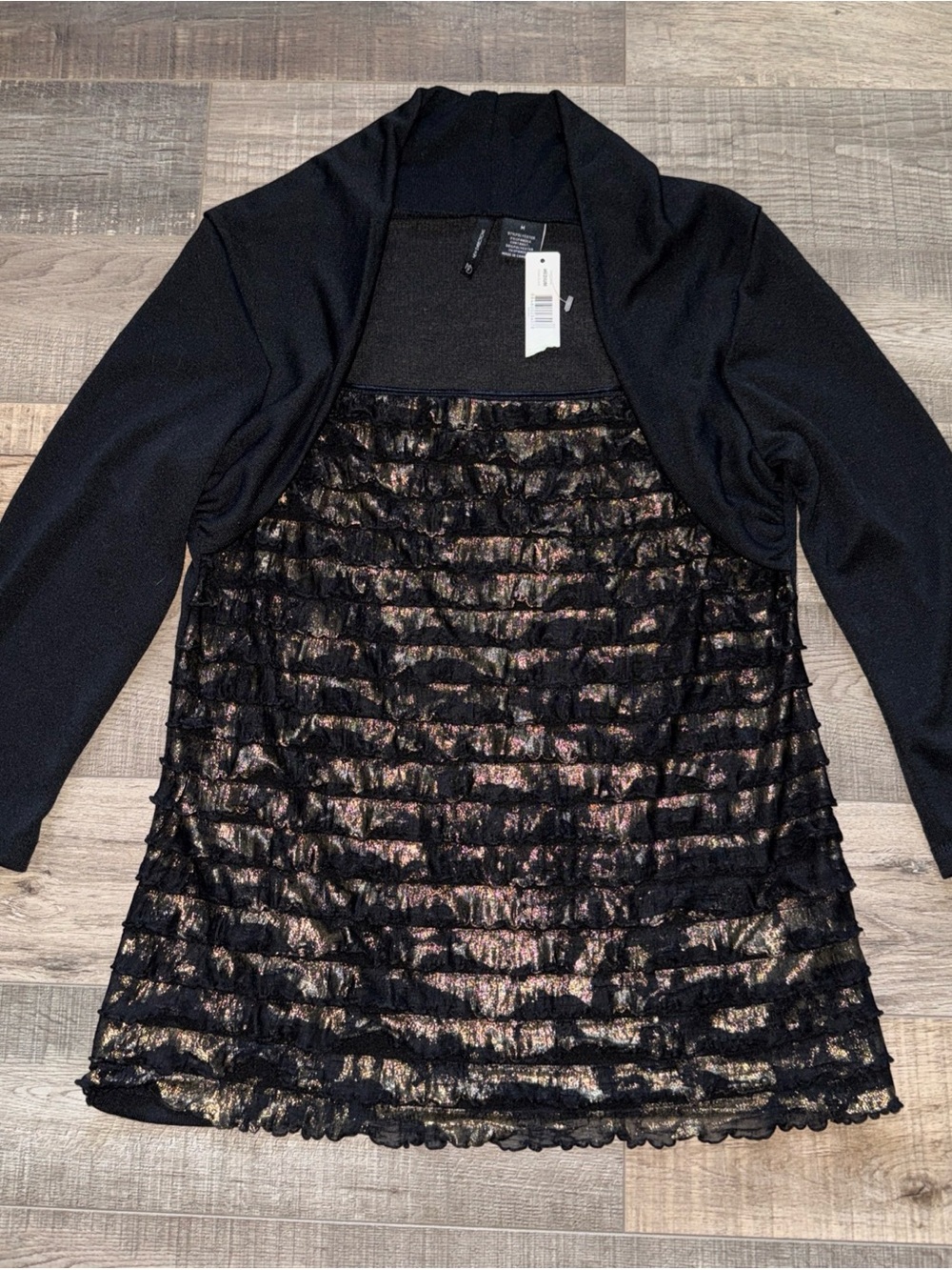 New directions women’s black with gold ruffle Sweater - size medium